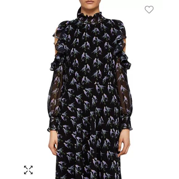 Ted Baker Hilaina Love Birds Black Cold-Shoulder Midi Dress Size 2(US 6) - Picture 3 of 13